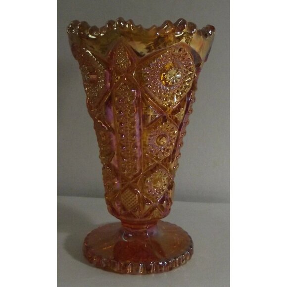 Imperial Glass Ohio Vase Footed Amber Carnival 6-1/4" Daisy and Button gold - Picture 6 of 12